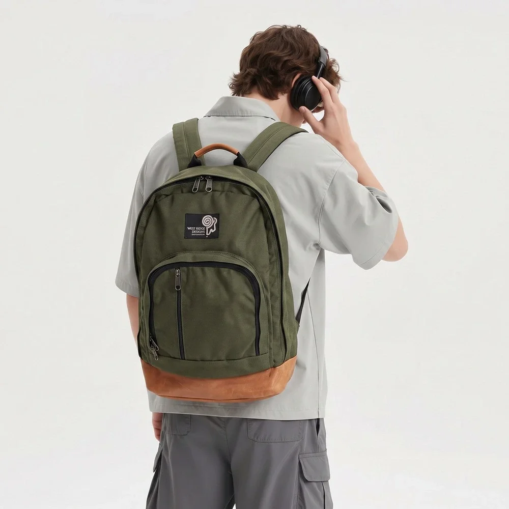 West Ridge Designs Leather Bottom Backpack Olive Green Canvas Granola Gorpcore